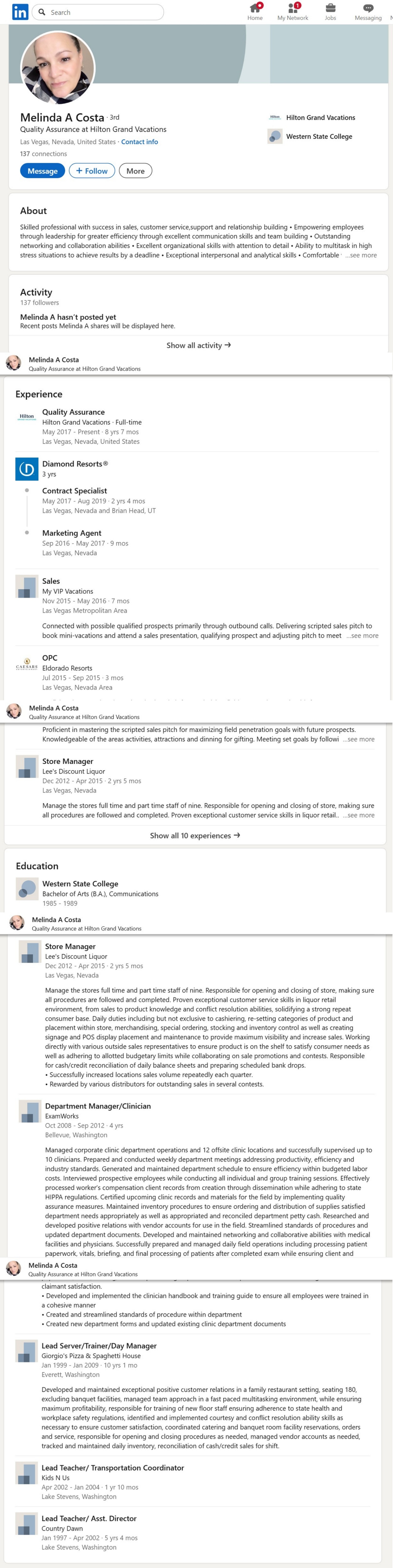 Melinda Ann Costa Las Vegas work experience / full LinkedIn profile details